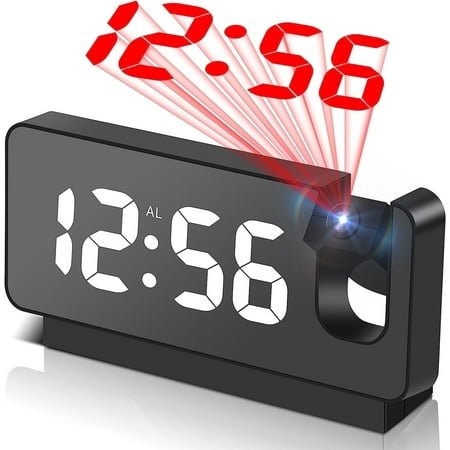 Rongsi Projection Alarm Clock, Digital Clock with 180° Rotatable Projector, USB Charger, 12/24H, for Bedroom, Black/White