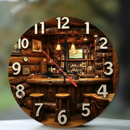 Rustic Log Cabin Bar Clock Wall Decor 10-Inch Silent Wooden Wall Clock, Battery Operated (AA Batteries Not Included), Artistic Home Decor