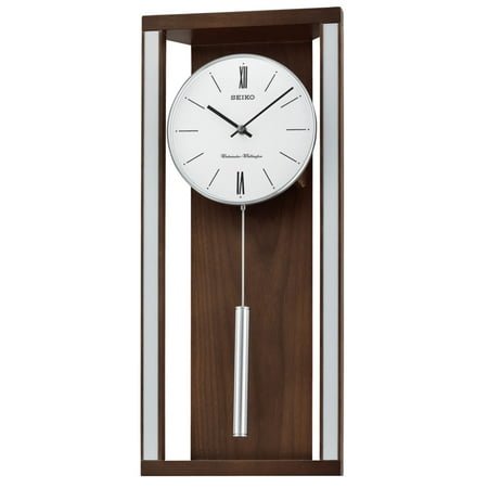 Seiko Mid-Century Modern Sophisticated Brown Quartz Analog Wall Clock with Pendulum Dual Chimes, QXH068BLH
