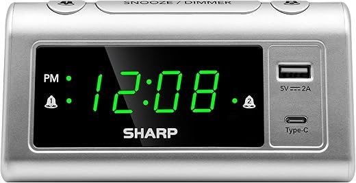 SHARP Alarm Clock for Bedrooms, Super Fast USB-C Charging and Fast 2 Amp USB Charging, 2 Alarms, 3-Step Dimmer, Snooze, Easy to Set Controls, Silver with Green LED Display