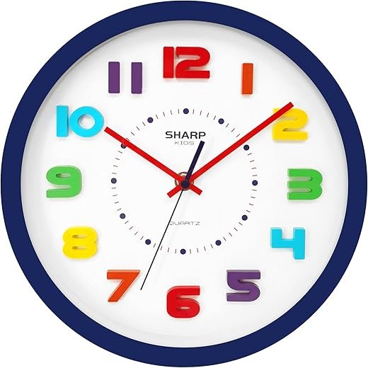 Sharp Colorful Kids Wall Clock 10 Inch Silent Non Ticking Quartz Battery Operated, Easy to Read 3D “Refrigerator Magnet” Style Multi Colored Numbers - Kids Room, Nursery Classroom Office, Blue Case