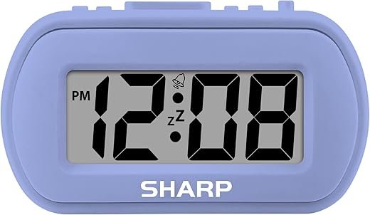 SHARP Digital Alarm Clock – Tactile Case with Soft Rubberized Finish - Battery Operated – Blue Backlight on Demand – Ascending Alarm – Easy to Use – Lavender