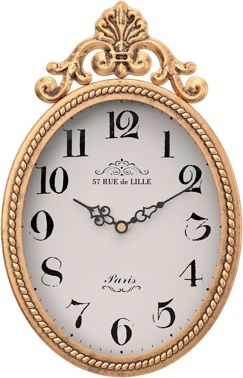 Small French Retro Decorative Wall Clock, Antique Gold Vintage Oval Style,Silent
