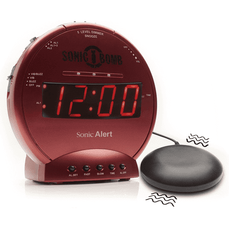 Sonic Bomb Dual Extra Loud Alarm Clock with Bed Shaker, Red | Sonic Alert Vibrating, Heavy Sleepers, Battery Backup | Wake with a Shake