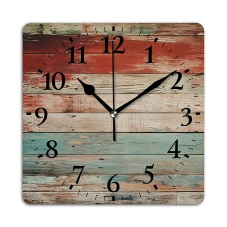 Square Wall Clock,Colorful Rustic Wooden With Distressed Wooden,Silent Non-Ticking Wall Clock Decor for Home Office Kitchen Living Room Bedroom(12inch)