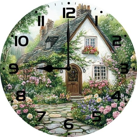 SRongmao Cottage Wall Clock 10inch Round Wooden Silent Non-Ticking Battery Operated Clocks French Country Decor for Home Bedroom Bathroom Living Room Office