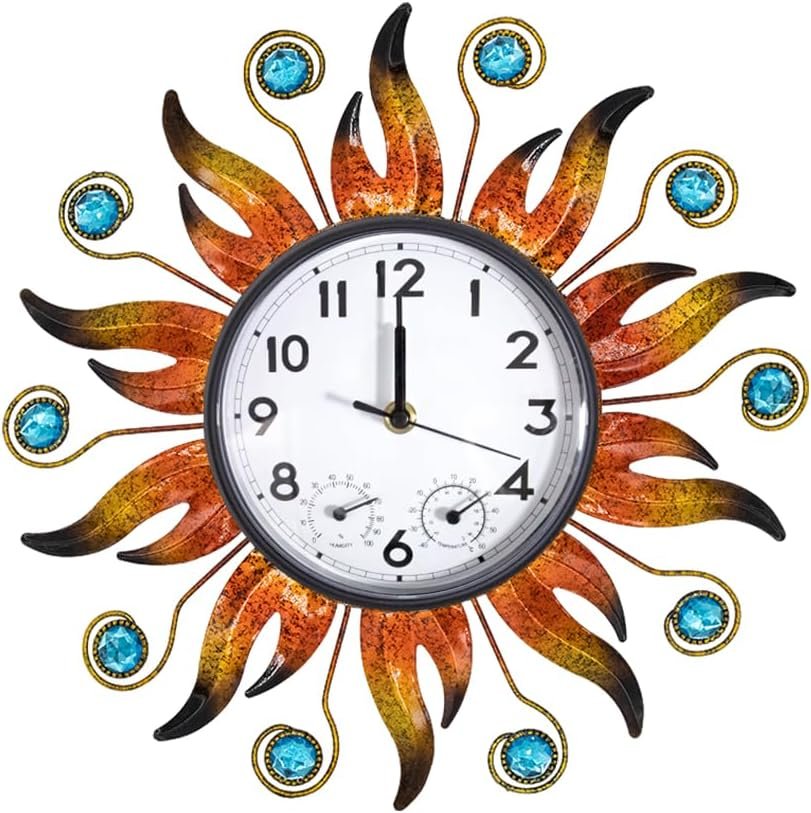 Sun Outdoor Clock with Thermometer and Hygrometer Combo, Silent No-Ticking Outdoor Wall Clock, Waterproof Quartz Clock for Patio, Living Room, Kitchen, Garden, Total Size: 13 Inch