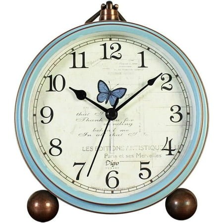 Table Clock, Vintage Non-Ticking Table Desk Alarm Clock Battery Operated with Quartz Movement HD Glass for Bedroom Living Room Office Desk