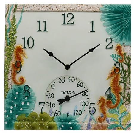 Taylor Precision 14 Quartz Poly Resin Indoor & Outdoor Seahorse Wall Clock, Thermometer