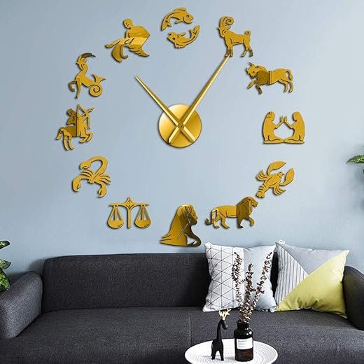The Geeky Days Zodiac Signs Wall Art Stickers Exclusive Wall Clock Constellation DIY Giant Wall Clock Astrology Hanging Clock Watch Home Decor(Gold)