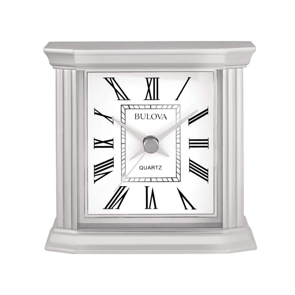 The Wilton tabletop clock in silver with Roman numerals and metal case....