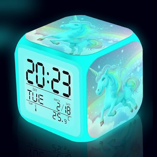 Unicorn Alarm Clock for Kids, Battery Operated Desktop Mini Clock with 7 LED Color Changing Decor for Boys Girls Bedroom Study Gift Ideas (3.15x3.15x3.15 inch)