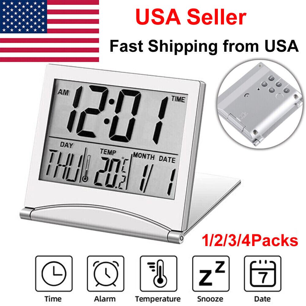 USA Digital Travel Alarm Clock Foldable Temperature LCD Clock Compact Desk Timer