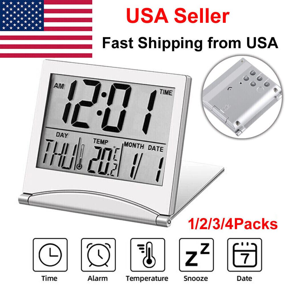 USA Digital Travel Alarm Clock Foldable Temperature LCD Clock Compact Desk Timer