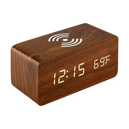 VBXOAE Wooden Digital Alarm Clock with Wireless Charging & Sound Control-LED Display,Temperature,12/24hr Mode,USB or Battery Powered,Bedside Desk Accessory Brown