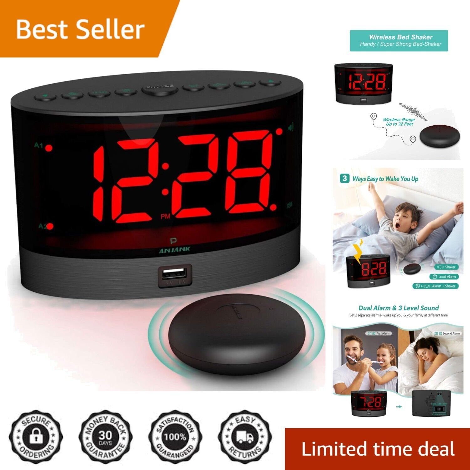 Vibrating Dual Alarm Clock with USB Charger - Ideal for Deaf & Heavy Sleepers