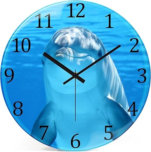 VIKMARI Glass Dolphin Wall Clock Modern Home Decorative Blue Ocean Beautiful Sea Kitchen Decor 12 Inches Battery Operated Small Silent Non-Ticking Quartz Analog Clock for Office,Bedroom,Living Room