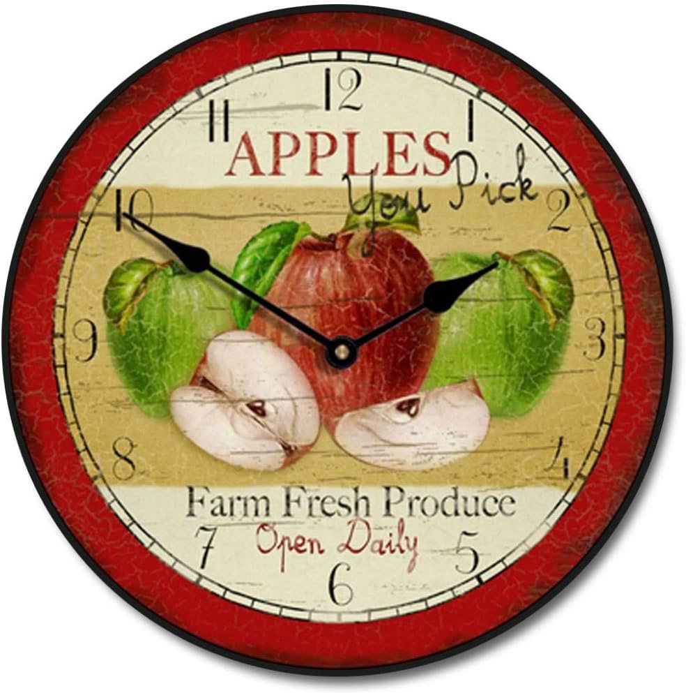 Vintage Apple Wall Clock | Ultra Quiet Quartz Mechanism | Hand Made in USA Beautiful Crisp Lasting Color | Comes in 8 Sizes | 12-Inch