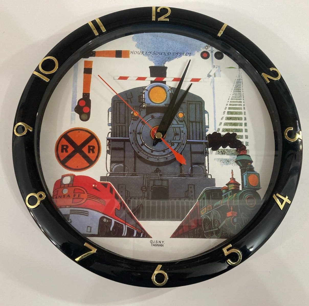 VINTAGE JSNY Train Wall Hanging Clock Hourly Sound Effects TESTED WORKS 11.5"