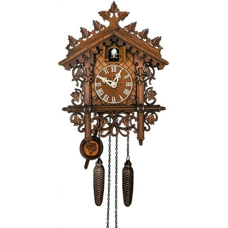 Vintage Quartz Cuckoo Clocks for Wall 17.72in, Cuckoo Wall Clock, Cuckoo Clock Traditional Chalet Forest House Clock Handcrafted Wooden Wall Pendulum Quartz Clock, Grandfather Clock (B)
