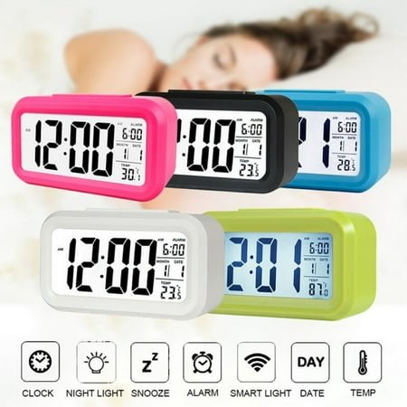 Walbest Smart Light LCD Digital Alarm Clock, Home Desktop SnoozeAlarm Clock with Calendar Thermometer Temperature Display, Easy to Set