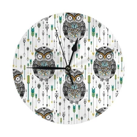 Wall Clock Cool Tribe Owls Wall Clocks Battery Operated, Modern Wall Clock for Bedroom, Classroom, Living Room, Office, Home Decor