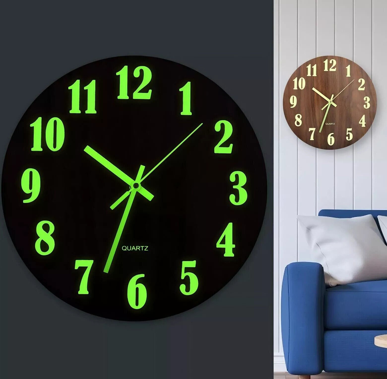 Wall Clock Large Luminous Quartz Night Light Glow In The Dark Silent Home New