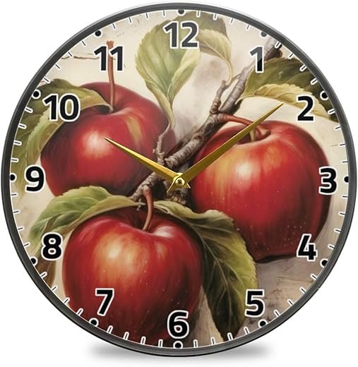 Wall Clock Non Ticking 12 Inch - Vintage Apples Battery Operated Quartz Silent Round Clock for Home/Office/Kitchen/Classroom