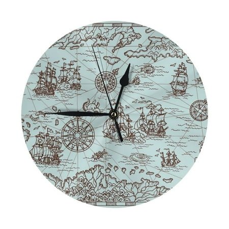 Wall Clock Pirate Adventure Map Wall Clocks Battery Operated, Modern Wall Clock for Bedroom, Classroom, Living Room, Office, Home Decor