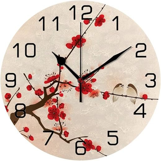 Wall Clocks Silent Hanging Clock Round Retro Farmhouse Wall Clock ﻿Cherry Blossoms Oriental Ink Art Quartz Battery Operated Decor Clocks Kitchen Living Room Bedroom Office Dorm
