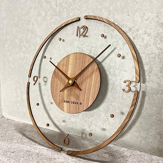 Wall Clock, Stylish, Wall Clock, Clear, Transparent, Wooden, Natural, Walnut, Modern, Stylish, Natural, Designers, Simple Design, Silent, Handmade, Diameter 11.8 inches (30 cm) (Pop)