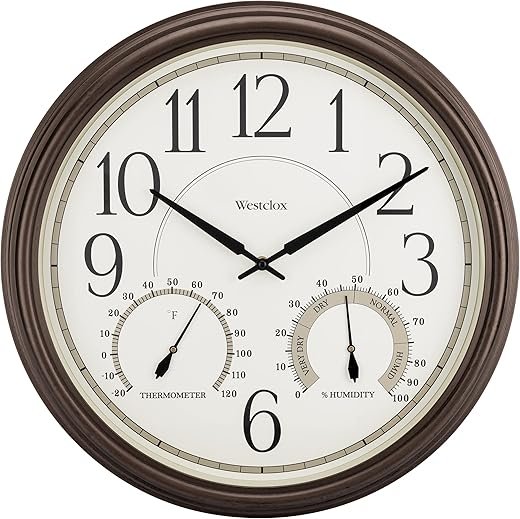Westclox Indoor/Outdoor Wall Clock with Temperature & Humidity Gauges, Weather-Resistant, Quartz Accuracy, Battery-Powered (Bronze, 20-Inch)
