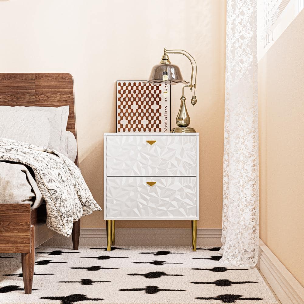 White 2-Drawer Wood Nightstand with Tapered Support Legs