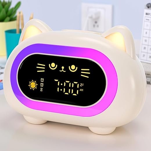 winshine Kids Alarm Clock, Ok to Wake Clock for Kids, Toddler Sleep Training Clock with Eye Protection, 10 Night Lights, Dual Alarms, Child Lock, Snooze, Timer - Cute Cat Clock for Girls and Boys
