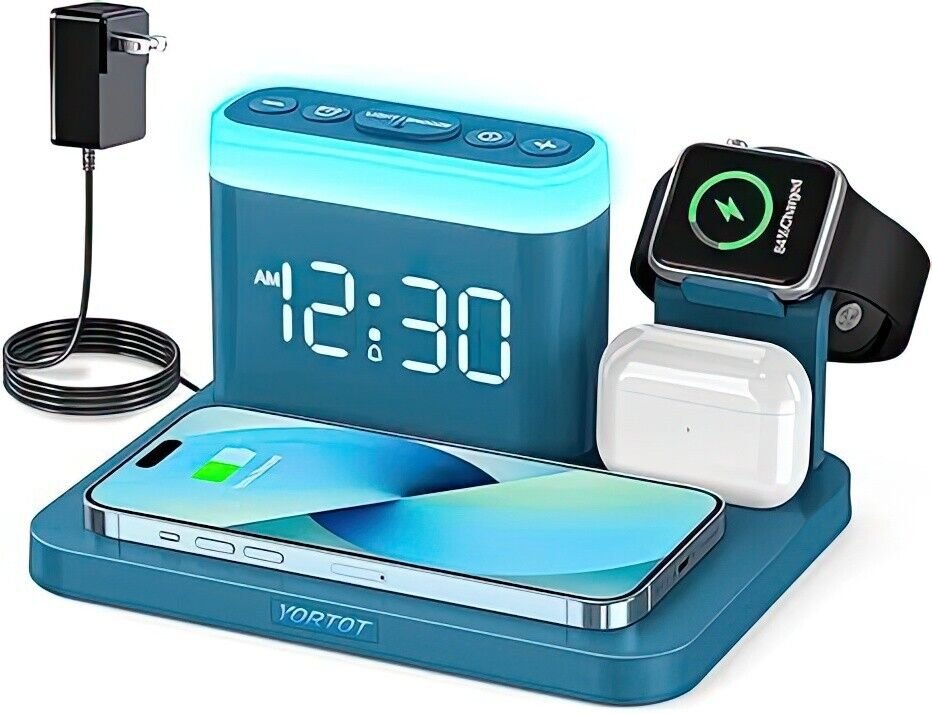 Wireless Charging Station Alarm Clock with 7 Multiple Colors Light - 5 in 1 Wire