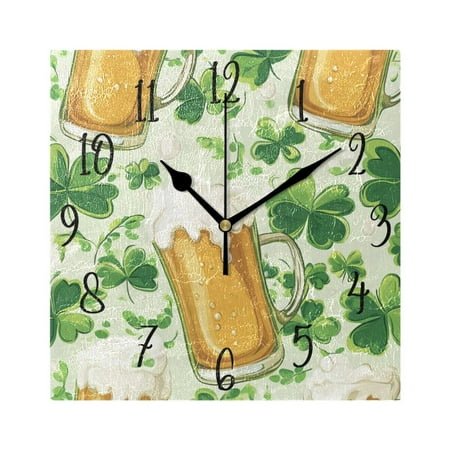 WOBOGO Beer and Green Cloverleaf Patterns with St Patricks Wall Clock 7.78 Inch Battery Operated Silent Unit Square Rustic Vintage Style for Home Bedroom Office Black Pointer