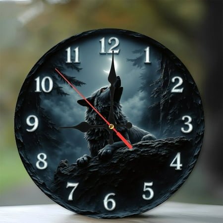 Wolf Wall Clock 10-Inch Silent Wooden Wall Clock, Battery Operated (AA Batteries Not Included), Artistic Home Decor