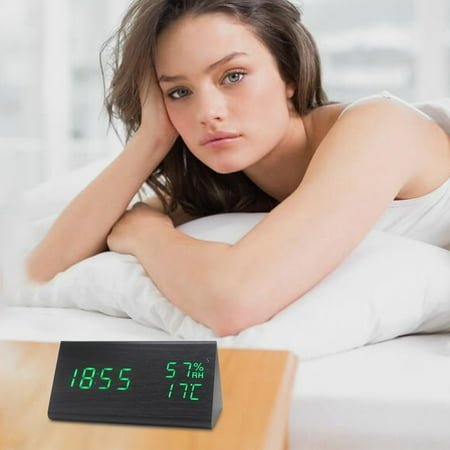 Wooden Alarm Clock, Wood Alarm Clock Smart LED Digital Clock for Bedroom/desks, Upgraded with Time Temperature, Adjustable Brightness, Humidity Displaying - Green(A)