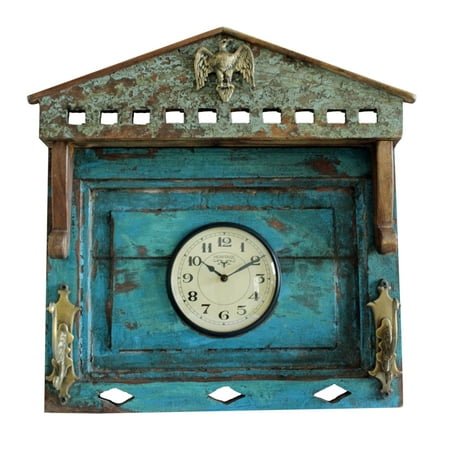 Wooden Wall Clock made from Old Wooden Window with Brass Hook, Rustic Green
