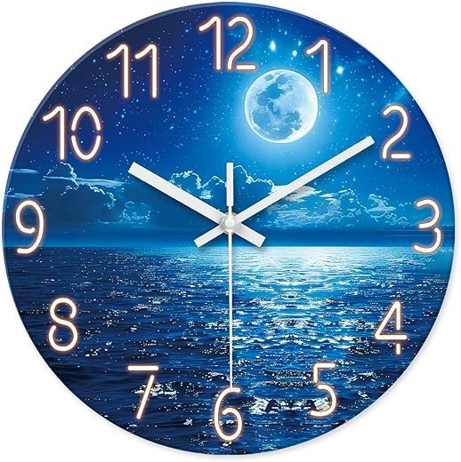 XFM Analog Blue Moon Wall Clock Silent Non Ticking Lake Decorative Wall Clocks Battery Operated 12 Inch Glass Cloud Wall Clock Kitchen Living Room Office