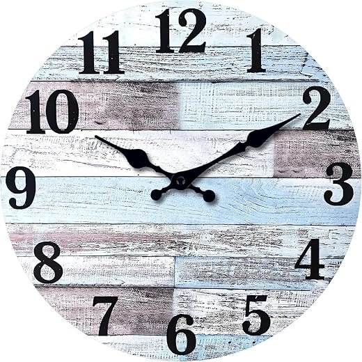 XNM Blue Wood Clock for Living Room Farmhouse Wall Clocks Battery Operated 12 Inch Analog Rustic Wall Clock Silent (MDF No Solid Wood)