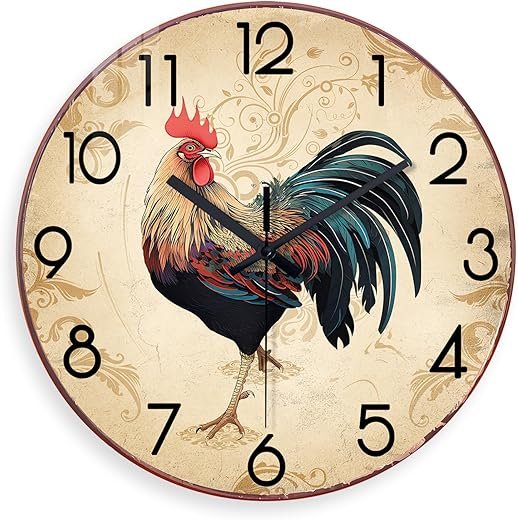 XNM Round Rustic Wall Clocks for Kitchen Living Room Decor 12 Inch Glass Rooster Clock Battery Operated Brown Silent Wall Clock Non Ticking