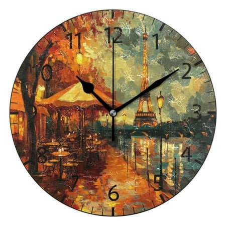 YAZAOO Decorative Wall Clock Size：25cm Paris Street Evening Scene Design Pattern Clock