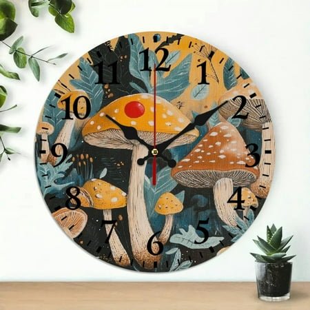 YILUYINQING Round Wooden Wall Clock for Home Decor, Mushrooms Leaves Red Dot Print, Battery Operated, Perfect for Living Rooms, Kitchens, Dorms 10x10in