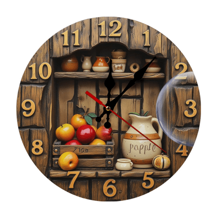 10 Inch 2D Antique Wooden Apple Decor Wall Clock - Rustic Fruit Crate Design ，Artificial Wood, Battery Operated (AA Not Included) for Kitchen & Living Room Home Decor, Vintage Kitchen Accen