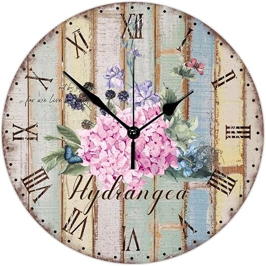 10 Inch Decorative Wall Clock Purple Blue Pink Color Hydrangea Flowers Country Farmhouse Wood Clock Battery Operated Quiet Non-Ticking Wooden Analog Clock for Kitchen Bedroom Living Room Decoration