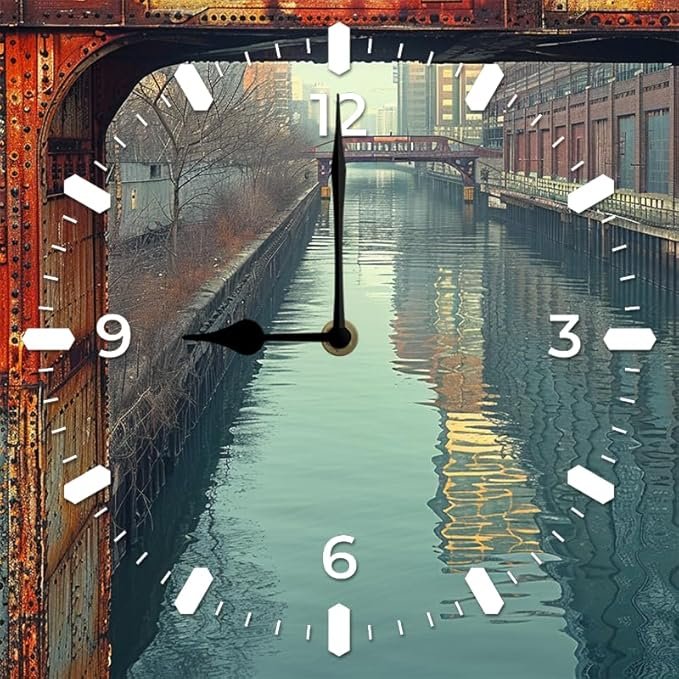 10 Inch MDF Wood Clock City and River 3 Easy-Read Roman Numerals - Battery Operated for Kitchen, Dining Room & Classroom