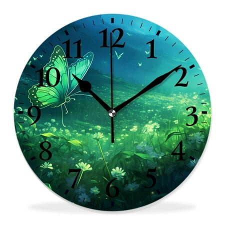 10 Inch Wall Clock Battery Operated Silent Clock Decorative for Office, Kitchen, Outdoor, Living RoomSparkling Fairy Butterfly with Daisy Flower in forest Drawing