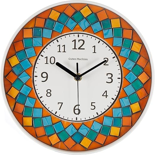 10'' Orange Iridescent Glass Mosaic Wall Clock Mexican Aztec Style Handmade Silent Non-Ticking Battery Operated Kitchen Living Room Decorative CLK011