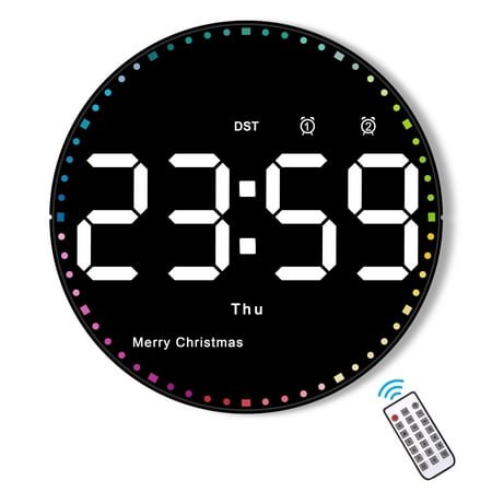 10 Round Digital Wall Clock with Remote Control, Date, Temperature, Day of Week, Dimmable